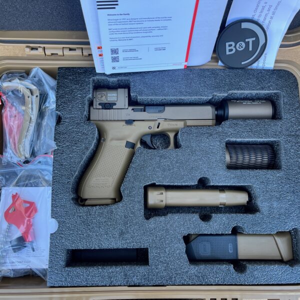 B&T Hush Puppy Glock 19X FDE Complete Kit w/ Acro Red Dot Threaded Barrel Suppressor