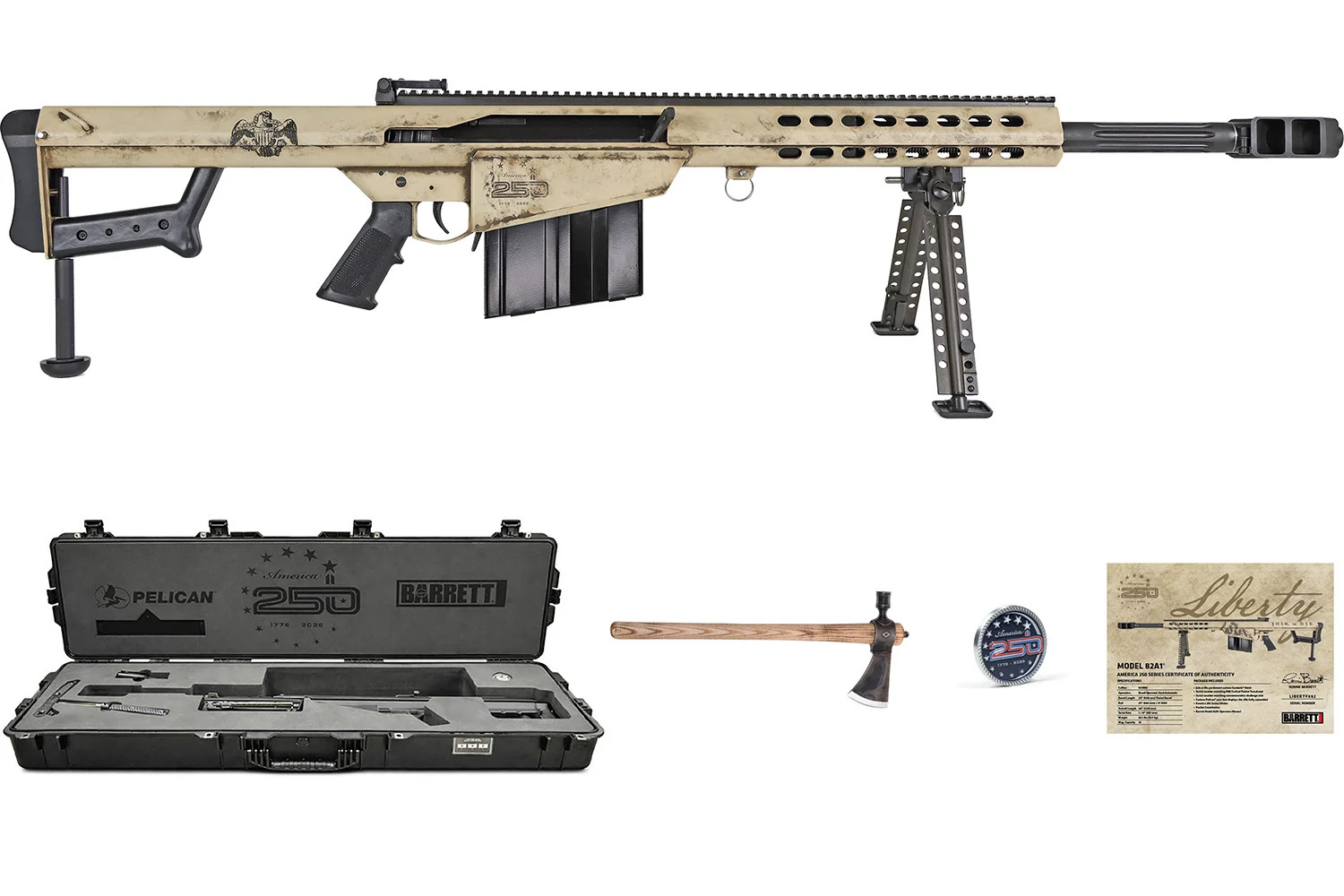 Barrett MODEL 82A1 America 250 Series Anniversary 50 BMG 20" 1:15 Bbl Rifle w/RMJ Tactical Patriot Tomahawk, Challenge Coin, & Pelican Case 20152