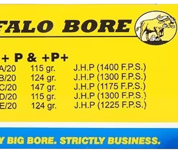 BUFFALO BORE 24B20 PERSONAL DEFENSE STRICTLY BUSINESS 9MM LUGER +P+ 124 GRAIN JHP 20 RNDS