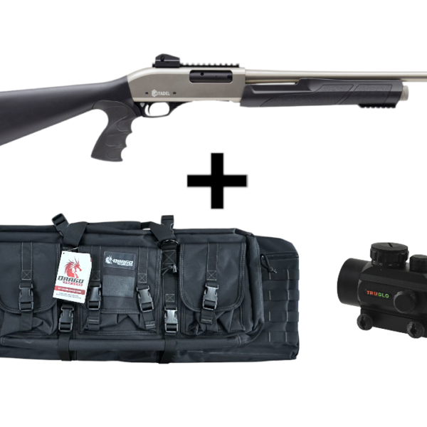Citadel PAT 12 Ga Pump Action Pistol Grip Nickel Finish FRPAT1220NKL Red Dot, & Double AR-Case Bundle