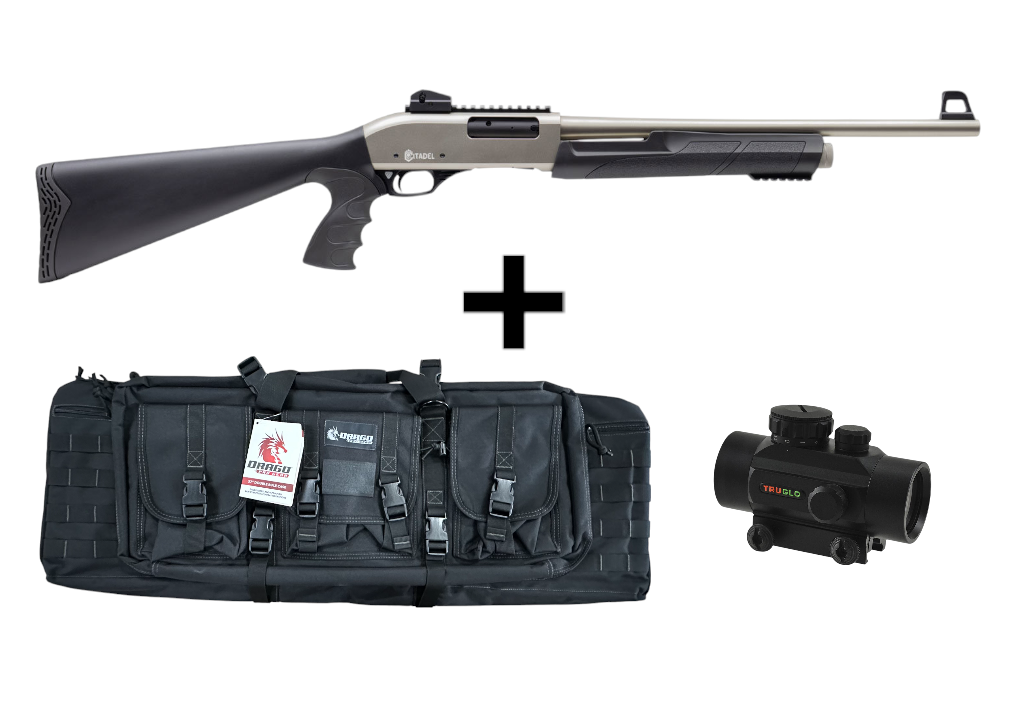 Citadel PAT 12 Ga Pump Action Pistol Grip Nickel Finish FRPAT1220NKL Red Dot, & Double AR-Case Bundle