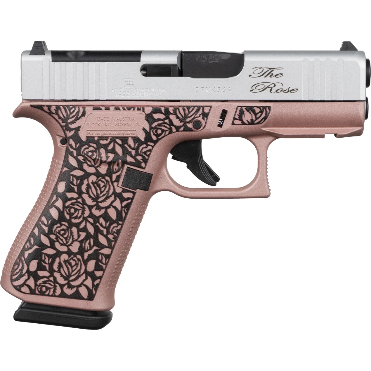 Glock 43X 9mm MOS Rose Engraved Frame Silver Optics Ready Slide ACG-57070PFRMOS