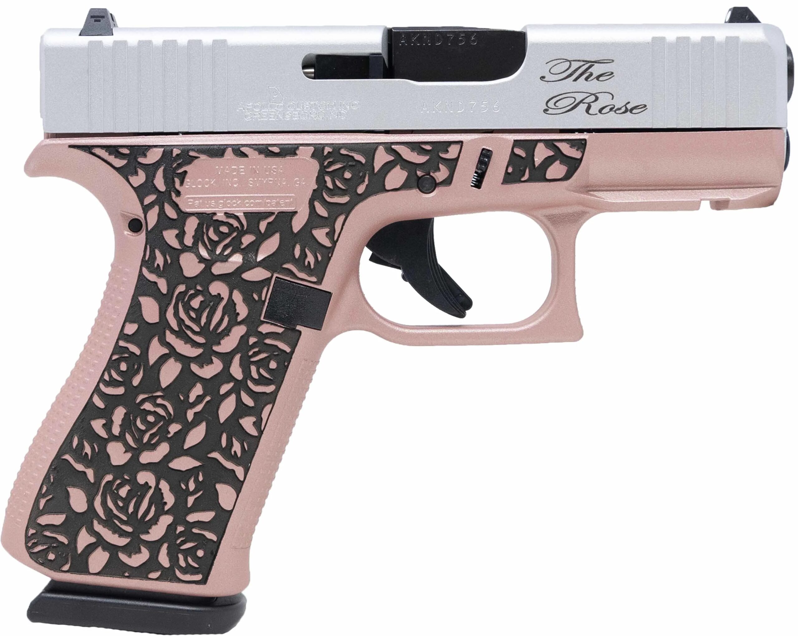 Glock 43X 9mm The Rose Engraved Rose Gold Frame Silver Slide ACG-57070FRN