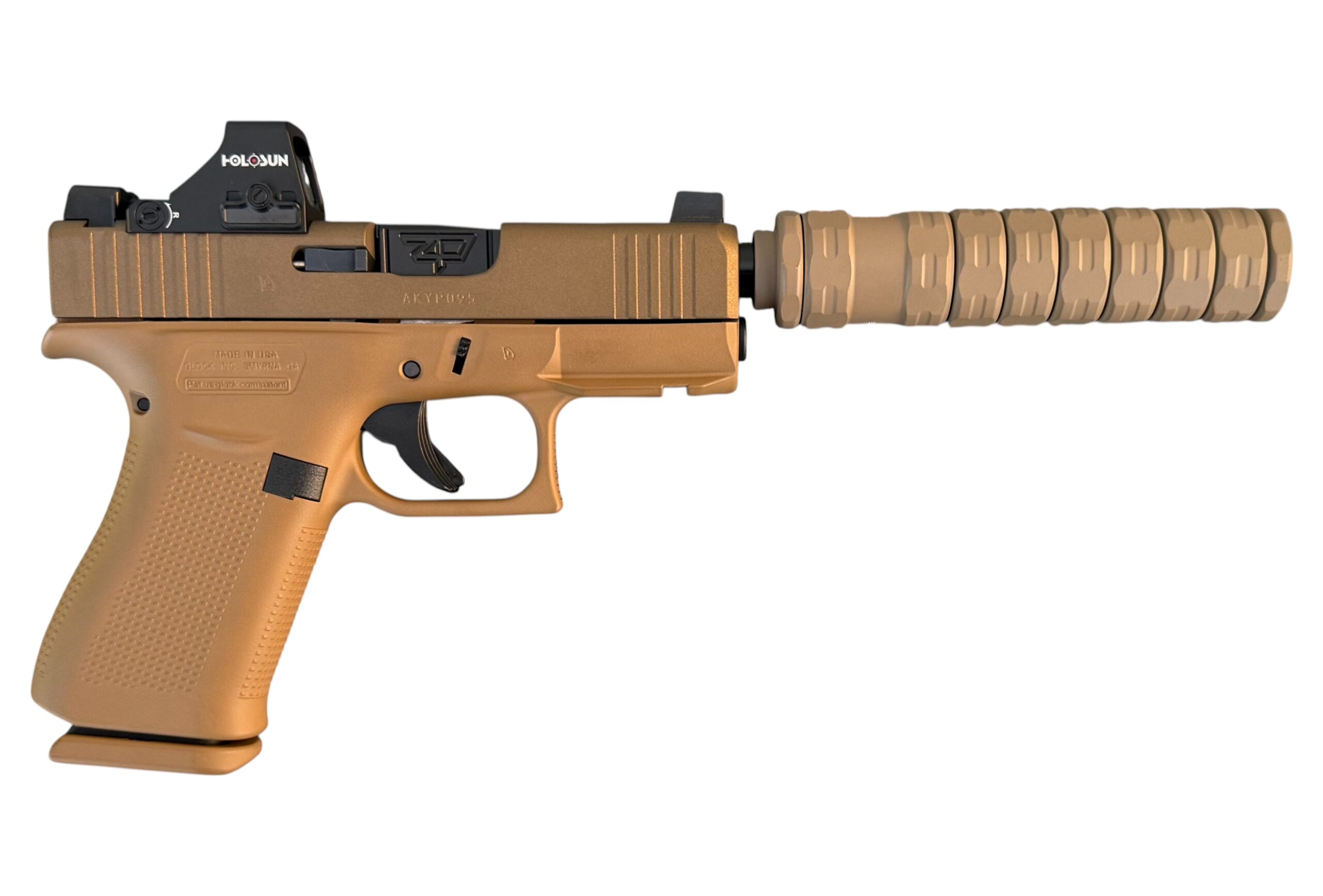 Glock 43X Custom Shark Puppy 9mm FDE W/ Holosun 407K & JK 105 CCX Silencer / Suppressor Combo