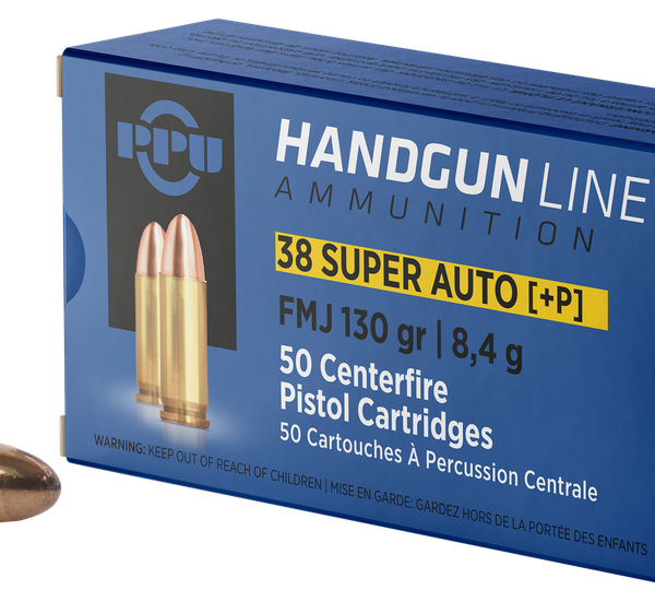 PPU PPH38SU HANDGUN 38 SUPER+P 130 GRAIN FULL METAL JACKET 50 RNDS