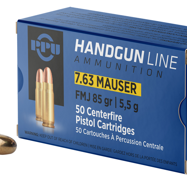 PPU PPH763 HANDGUN 7.63MM MAUSER 85 GRAIN FULL METAL JACKET 50 RNDS