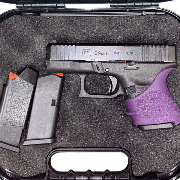 Used Glock 26 Gen 5 9mm – Subcompact, 3 Mags, Purple Hogue Grip, 10+1